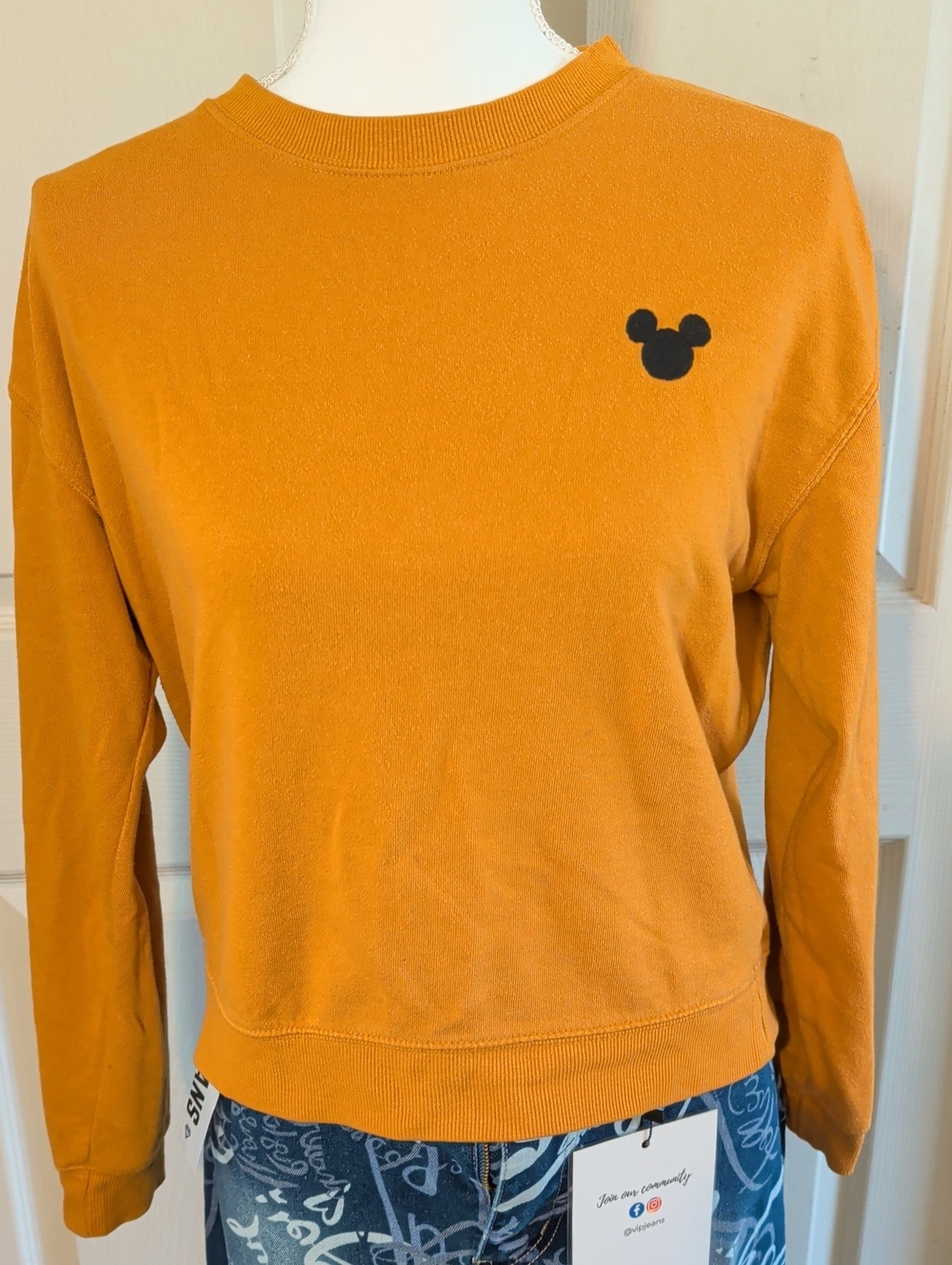 Disney Women's Mustard Crew Sweatshirt with Black Mickey Icon